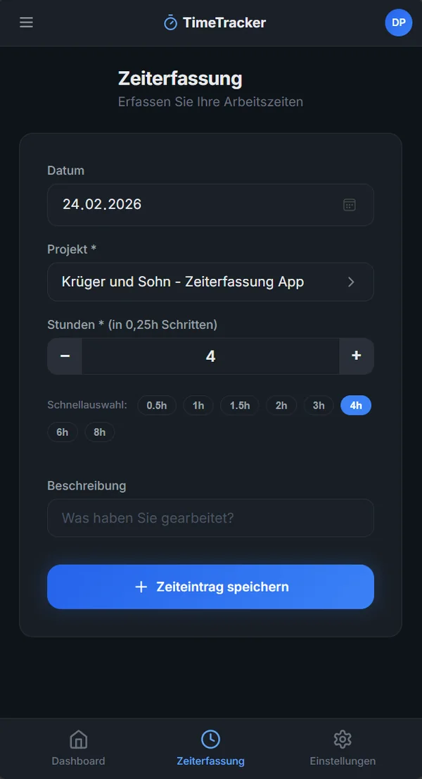Dieselbe Zeiterfassung auf dem Smartphone: Stunden erfassen und einem Projekt zuordnen