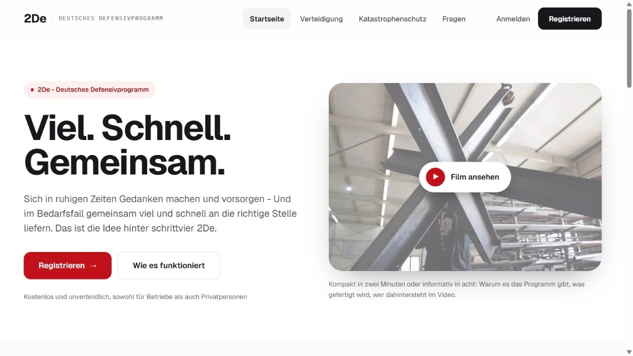 Plattform 2De – Deutsches Defensivprogramm, Startseite