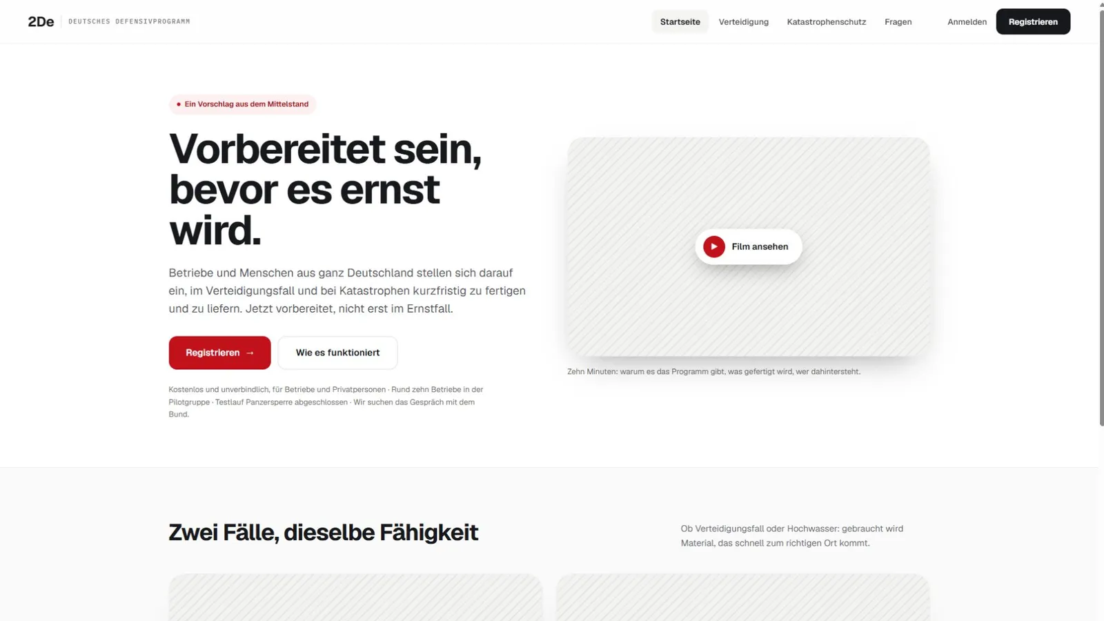 Startseite: „Vorbereitet sein, bevor es ernst wird.“ mit Registrierungs-Button