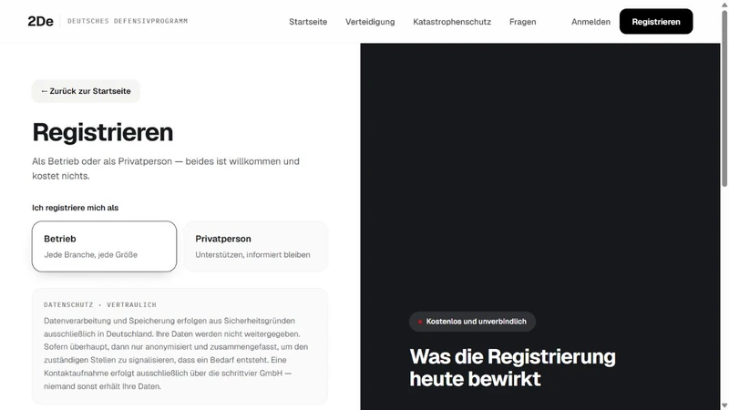2De: Registrierung für Betriebe und Privatpersonen