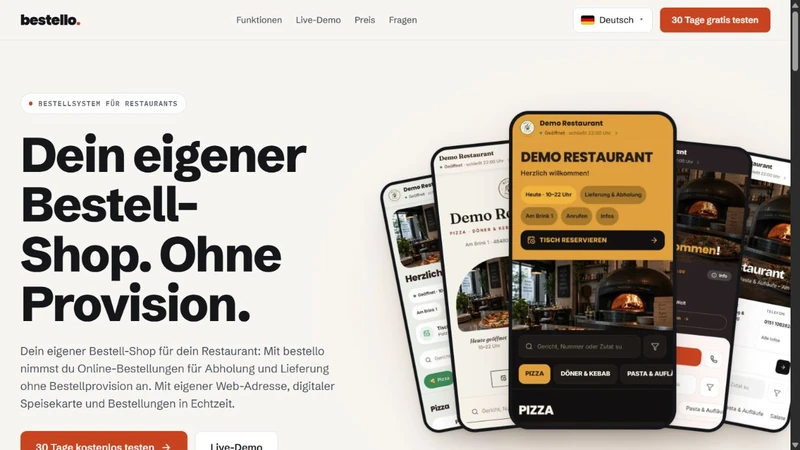 Produktwebsite von bestello, dem Online-Bestellsystem für Restaurants