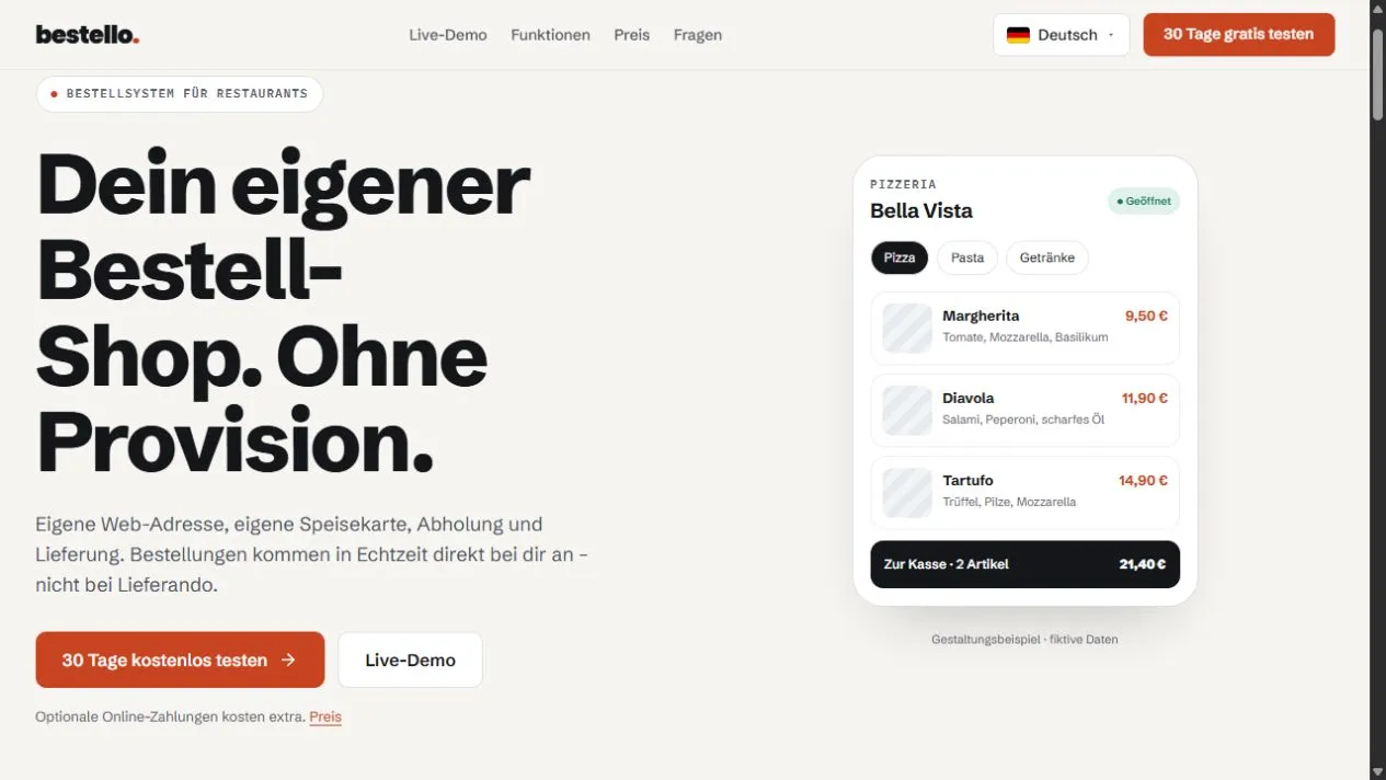 Produktwebsite: „Dein eigener Bestell-Shop. Ohne Provision.“ mit Vorschau einer Speisekarte