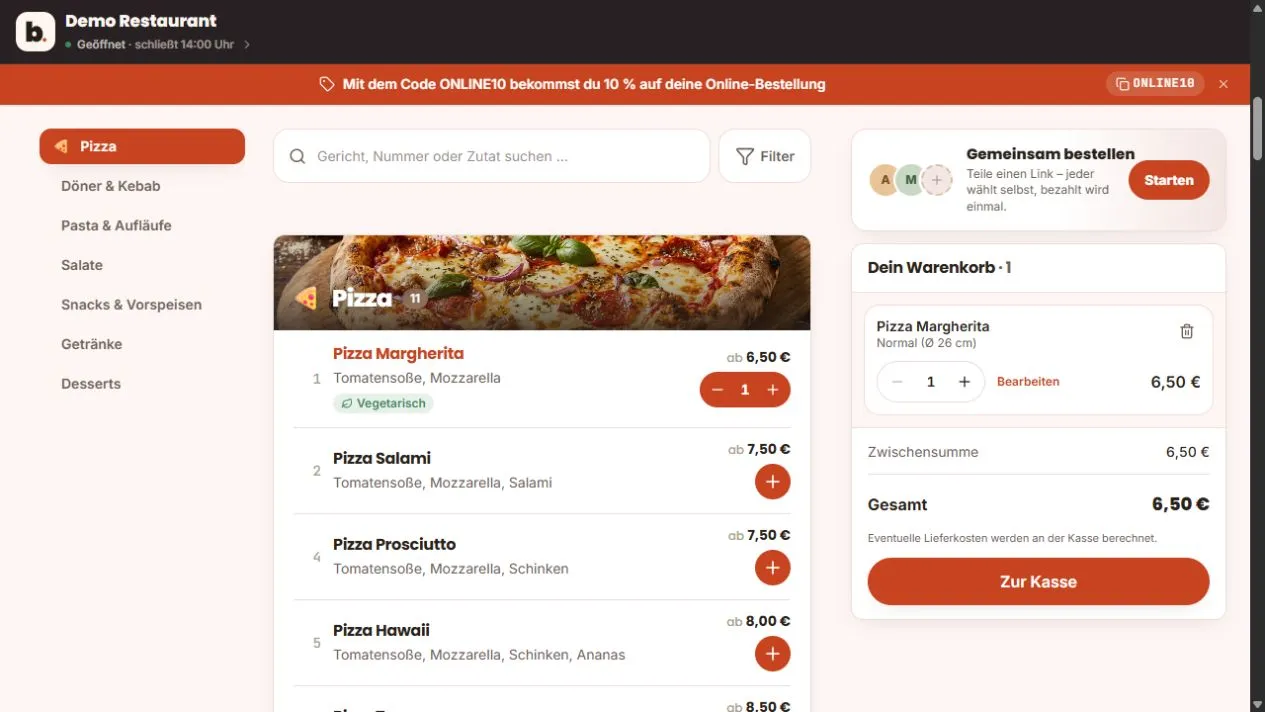 Gästeshop mit Speisekarte und gefülltem Warenkorb