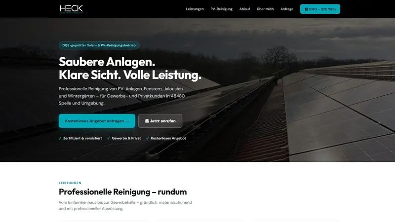 Startseite der Website von HECK Solar- & Glasreinigung mit Solardach im Hintergrund