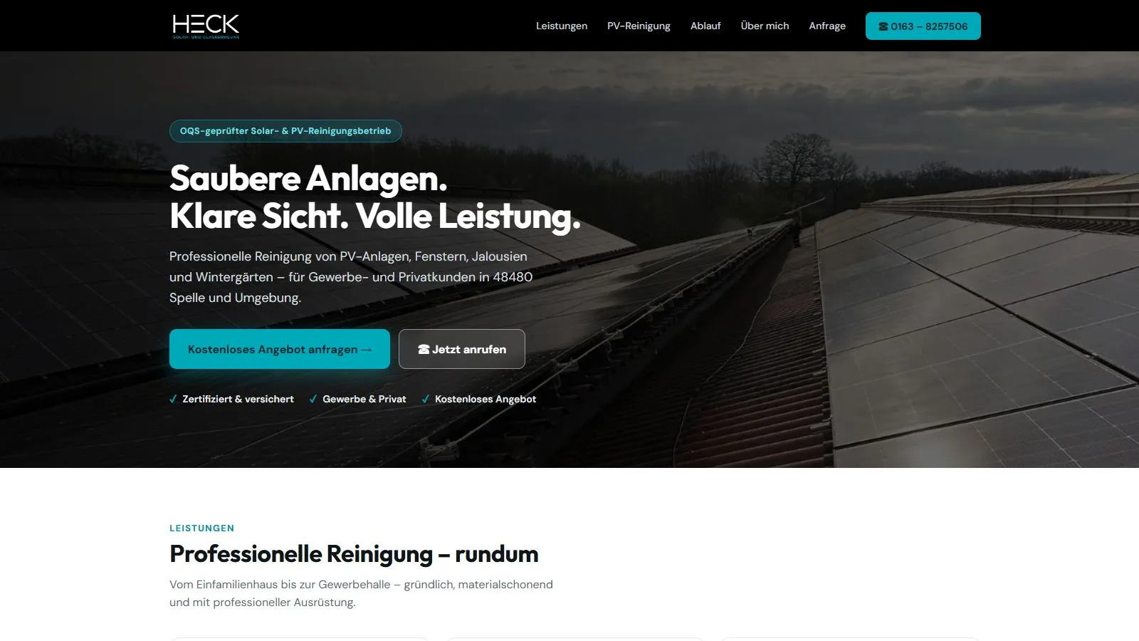Startseite: „Saubere Anlagen. Klare Sicht. Volle Leistung.“ mit Anfrage-Button und Telefonnummer