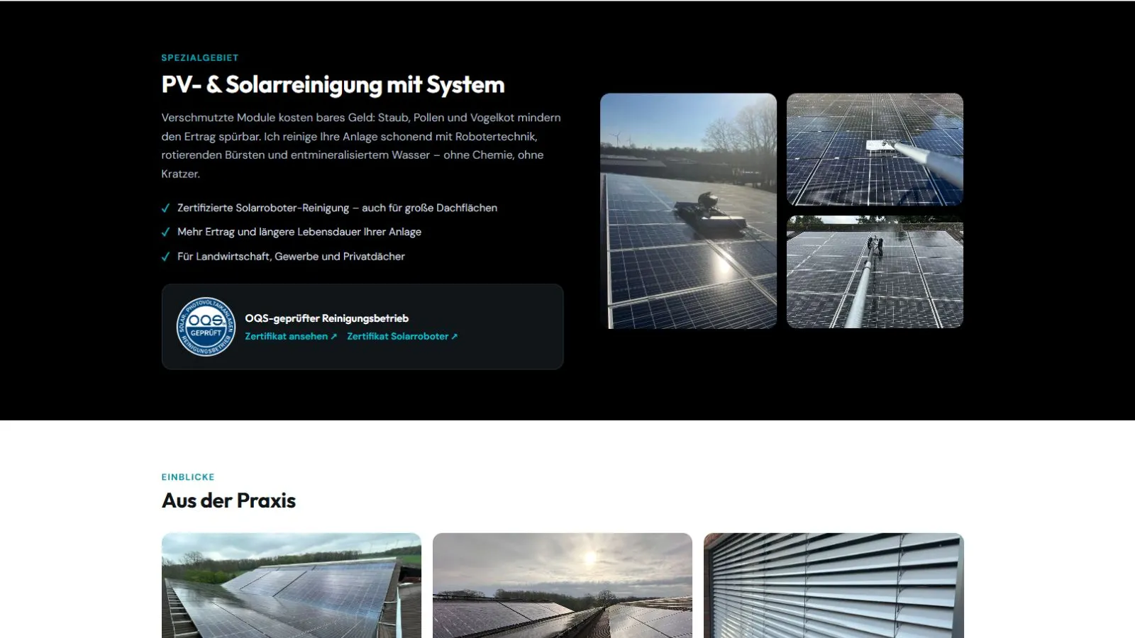 Eigene Sektion zur PV-Reinigung mit Praxisfotos und OQS-Zertifikat