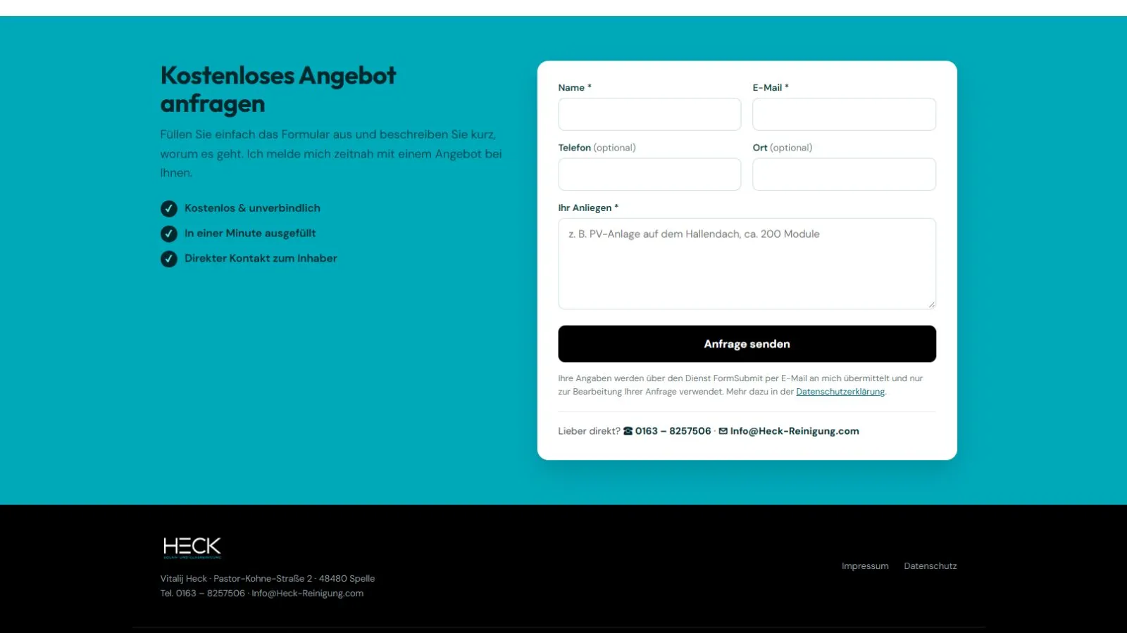 Anfrageformular für ein kostenloses Angebot